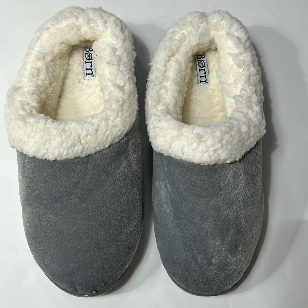 BORN gray velvet clog slippers with faux shearling inside, rubber soles 7/8